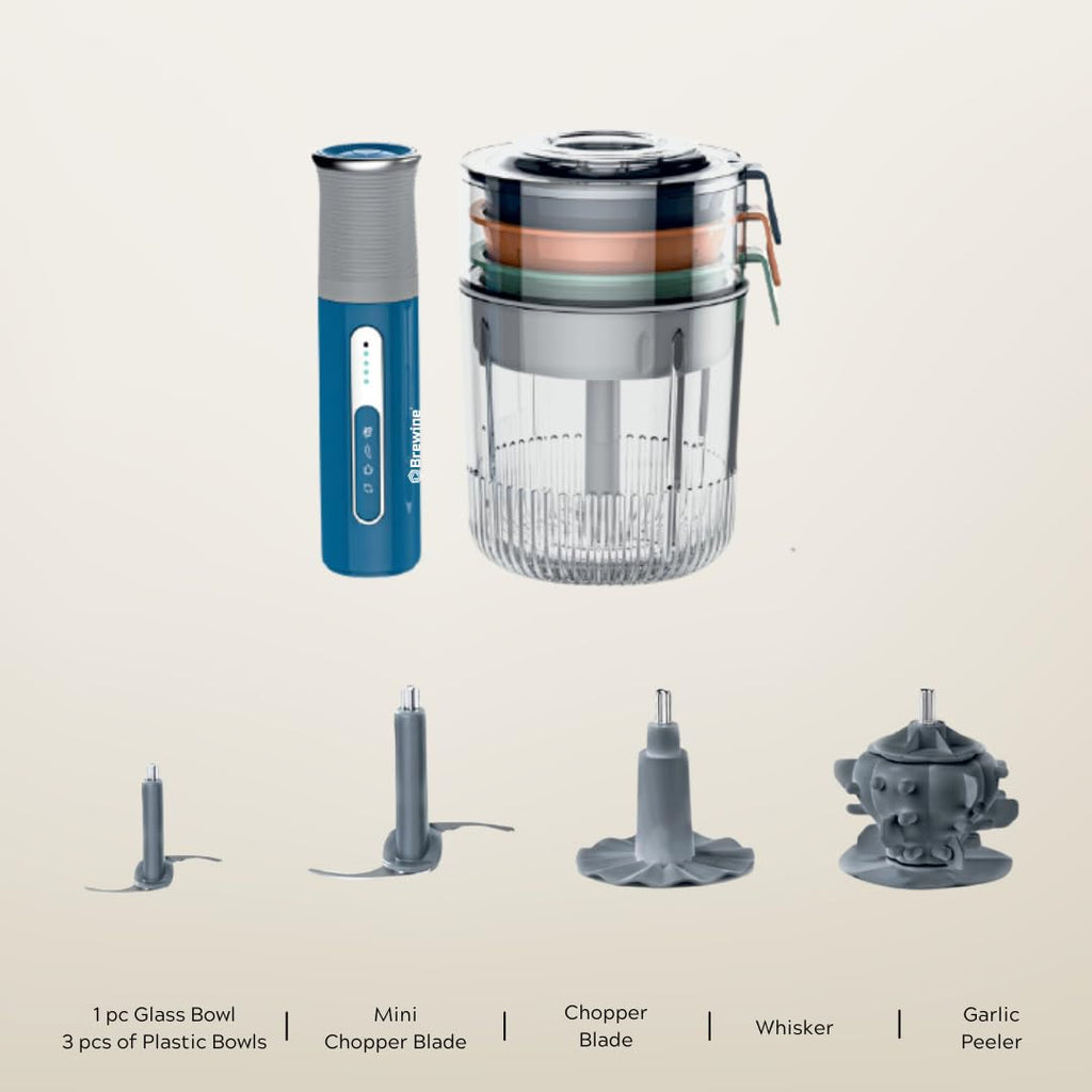 Brewine USB Cordless Vegetable Chopper & Garlic Peeler, 400ml Glass Bowl, Chop, Mince, Puree & Whisk, Stainless Steel Blades, Anti-Skid Pad, One-Touch Operation, 3 Mini Bowls Included, Rechargeable