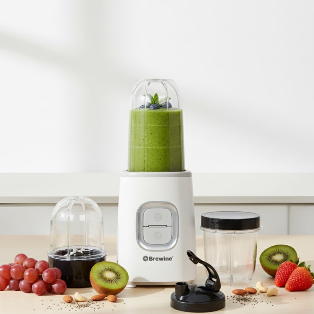 Brewine Nutrifit Blender TORA 500 | Powerful 500W Copper Motor | 3 Cups | Smoothies, Protein Shakes, Coffee & Spice Grinder | 2 Storage Lids & 1 Sipper Lid | Pulse/On-Off (White)