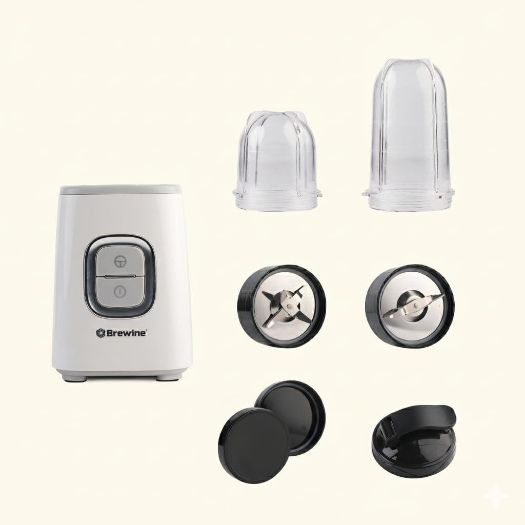 Brewine Nutrifit Blender TORA 500 | Powerful 500W Copper Motor | 3 Cups | Smoothies, Protein Shakes, Coffee & Spice Grinder | 2 Storage Lids & 1 Sipper Lid | Pulse/On-Off (White)