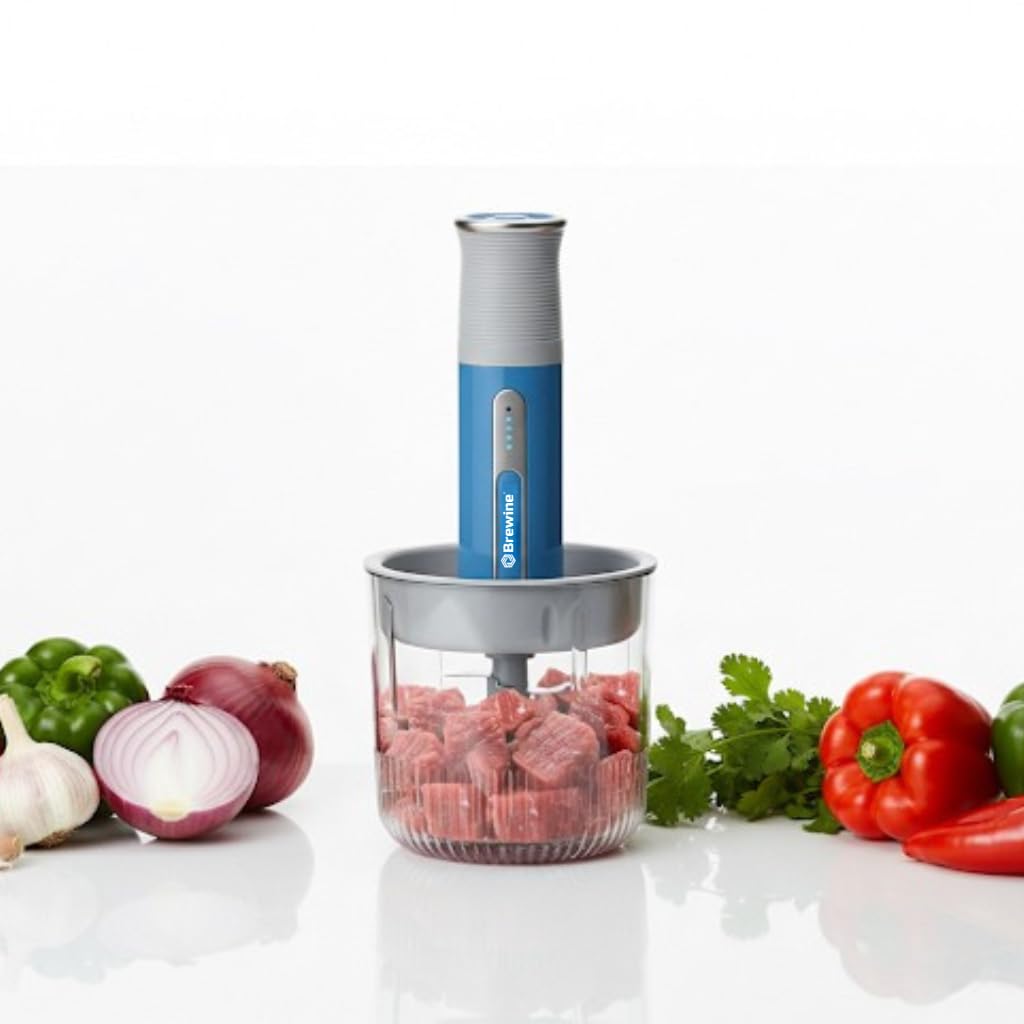 Brewine USB Cordless Vegetable Chopper & Garlic Peeler, 400ml Glass Bowl, Chop, Mince, Puree & Whisk, Stainless Steel Blades, Anti-Skid Pad, One-Touch Operation, 3 Mini Bowls Included, Rechargeable