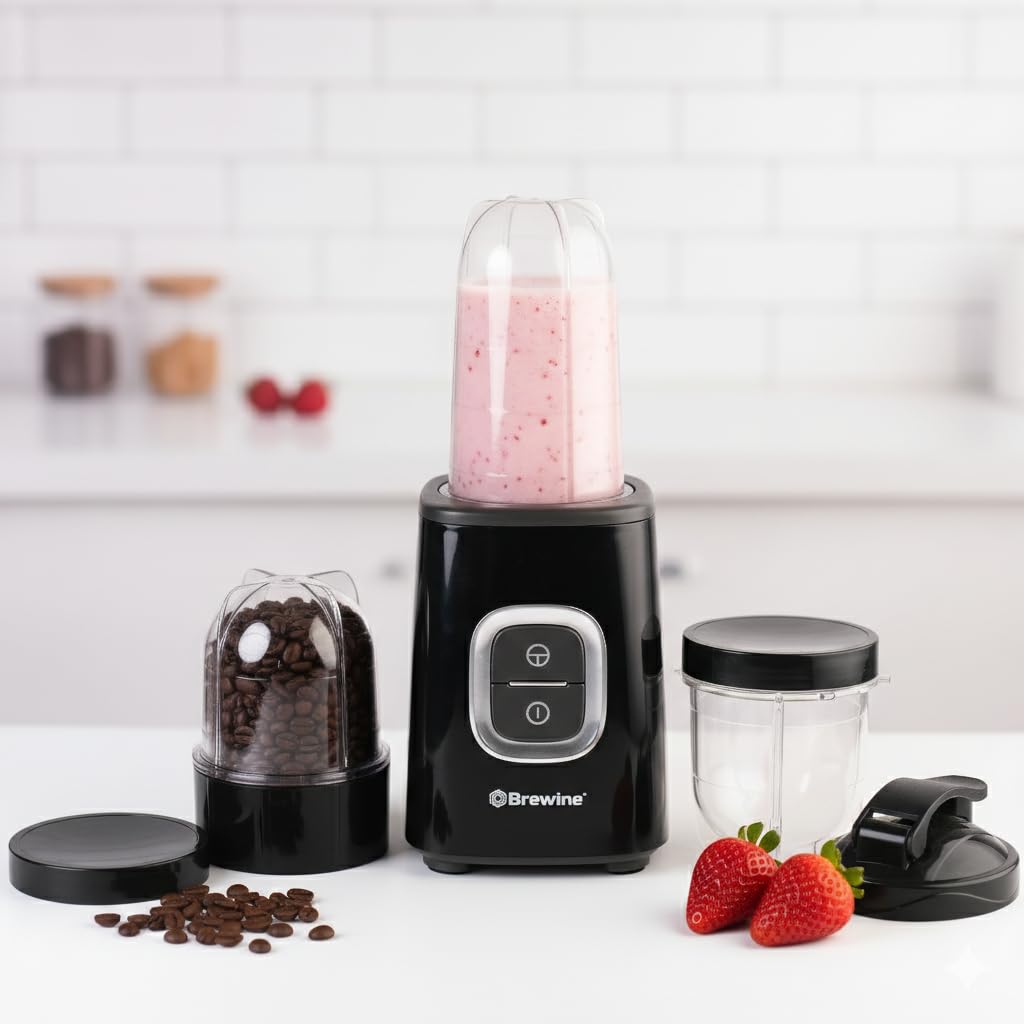 Brewine Nutrifit Blender TORA 500 | Powerful 500W Copper Motor | 3 Cups | Smoothies, Protein Shakes, Coffee & Spice Grinder | 2 Storage Lids & 1 Sipper Lid | Pulse/On-Off (White)