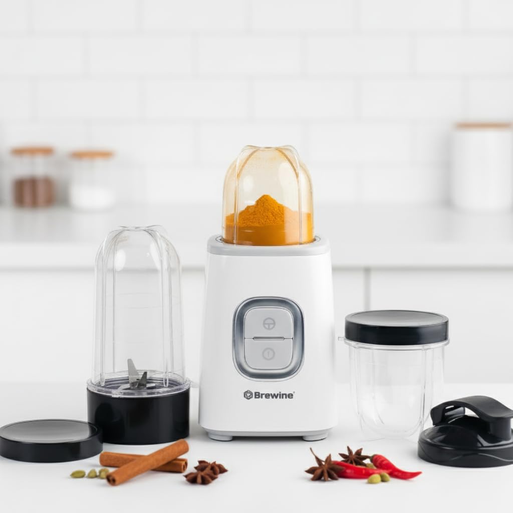Brewine Nutrifit Blender TORA 500 | Powerful 500W Copper Motor | 3 Cups | Smoothies, Protein Shakes, Coffee & Spice Grinder | 2 Storage Lids & 1 Sipper Lid | Pulse/On-Off (White)