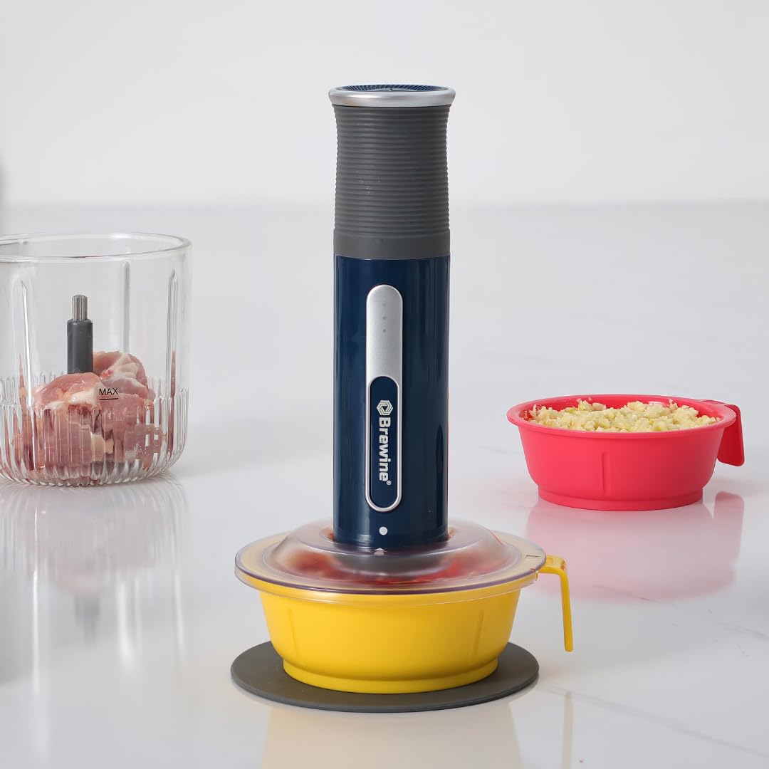 Brewine USB Cordless Vegetable Chopper & Garlic Peeler, 400ml Glass Bowl, Chop, Mince, Puree & Whisk, Stainless Steel Blades, Anti-Skid Pad, One-Touch Operation, 3 Mini Bowls Included, Rechargeable