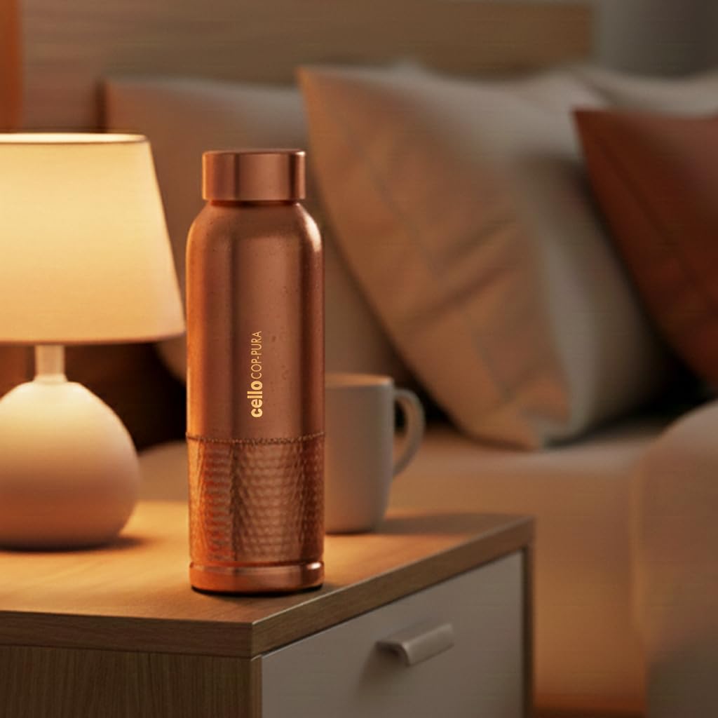 CELLO Megha Copper Water Bottle For Daily & Office Use 1000 ml | Leakproof & Rustproof ISI Certified Single Wall 100% Pure Copper Promotes Immunity, Improve Digestion & Supports Healthy Living