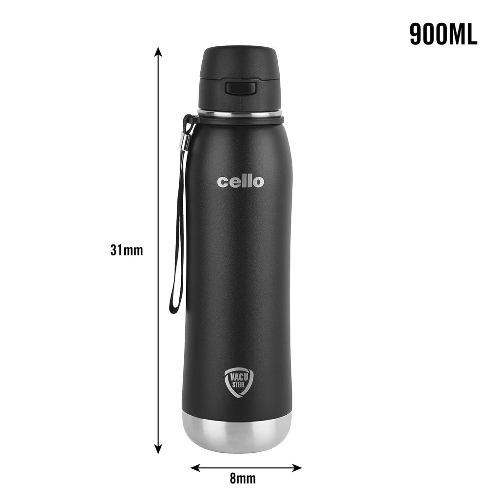 Cello Duro Ace Thermosteel Bottle 900ml, Black | ISI Certified Vacuum Insulated Double Walled Hot & Cold Flask Bottle with DTP Coated | Rust & Leak Proof Water Bottle for Office, College & Travel