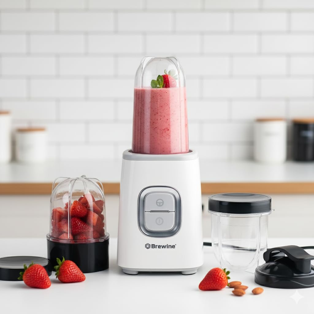 Brewine Nutrifit Blender TORA 500 | Powerful 500W Copper Motor | 3 Cups | Smoothies, Protein Shakes, Coffee & Spice Grinder | 2 Storage Lids & 1 Sipper Lid | Pulse/On-Off (White)