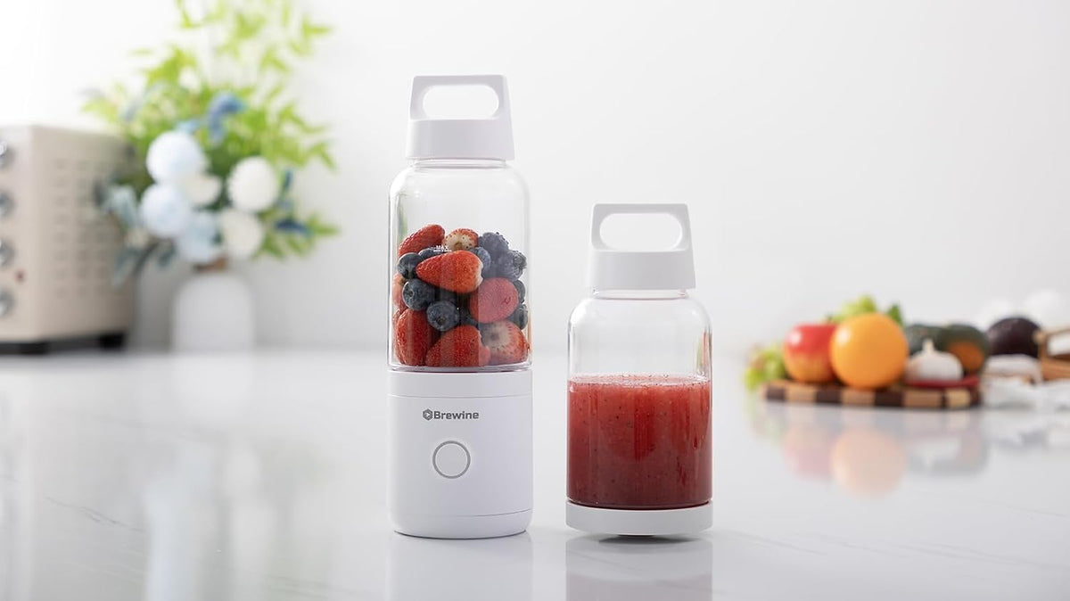 Brewine 2-in-1 Portable Blender & Grinder, USB Rechargeable, 75W Motor, 2000 x 2mAh Battery, 500ml Tritan Cup for Smoothies, Ice, Shakes, 304 SUS Blades, 20g Glass Grinder for Baby Food & Dry Grinding