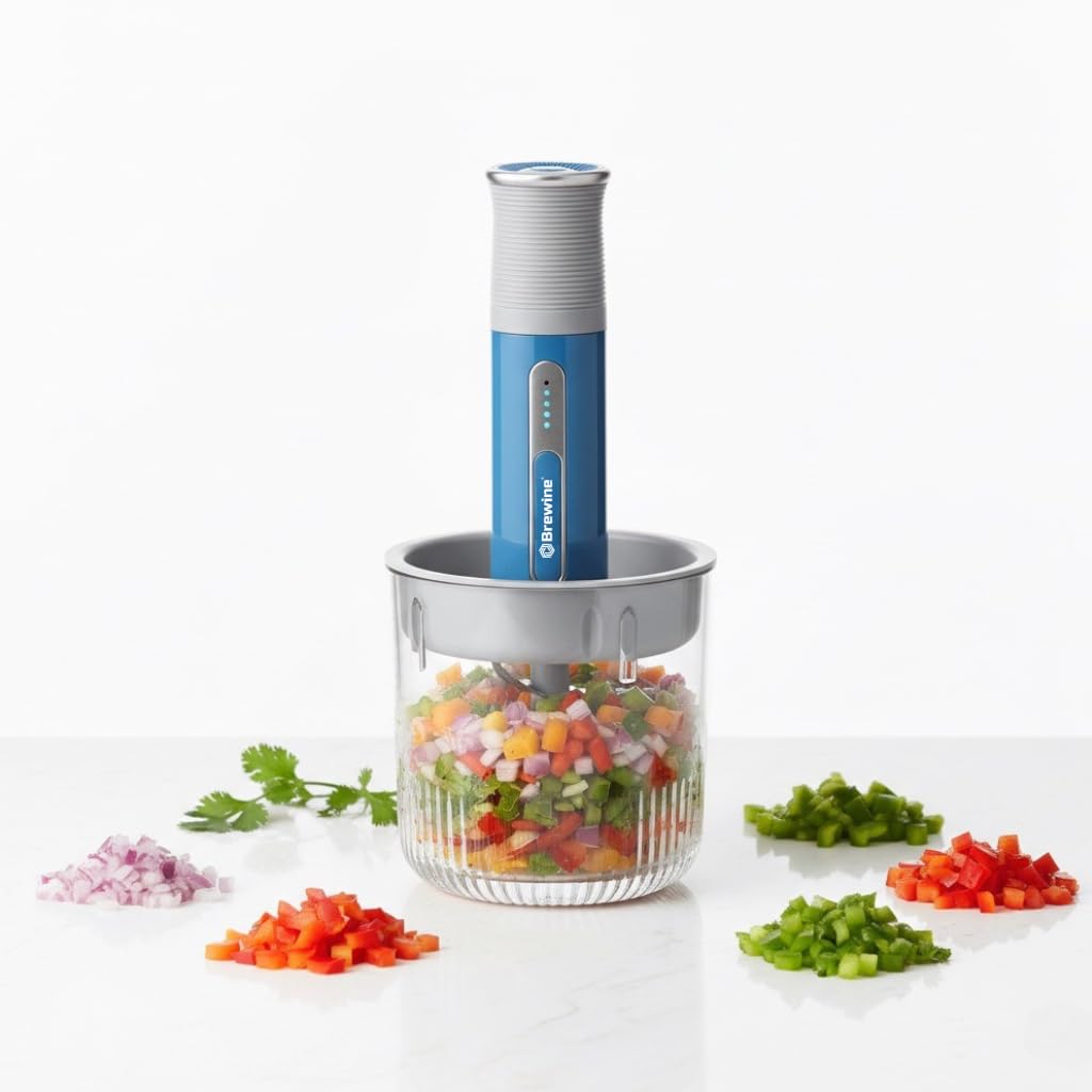 Brewine USB Cordless Vegetable Chopper & Garlic Peeler, 400ml Glass Bowl, Chop, Mince, Puree & Whisk, Stainless Steel Blades, Anti-Skid Pad, One-Touch Operation, 3 Mini Bowls Included, Rechargeable
