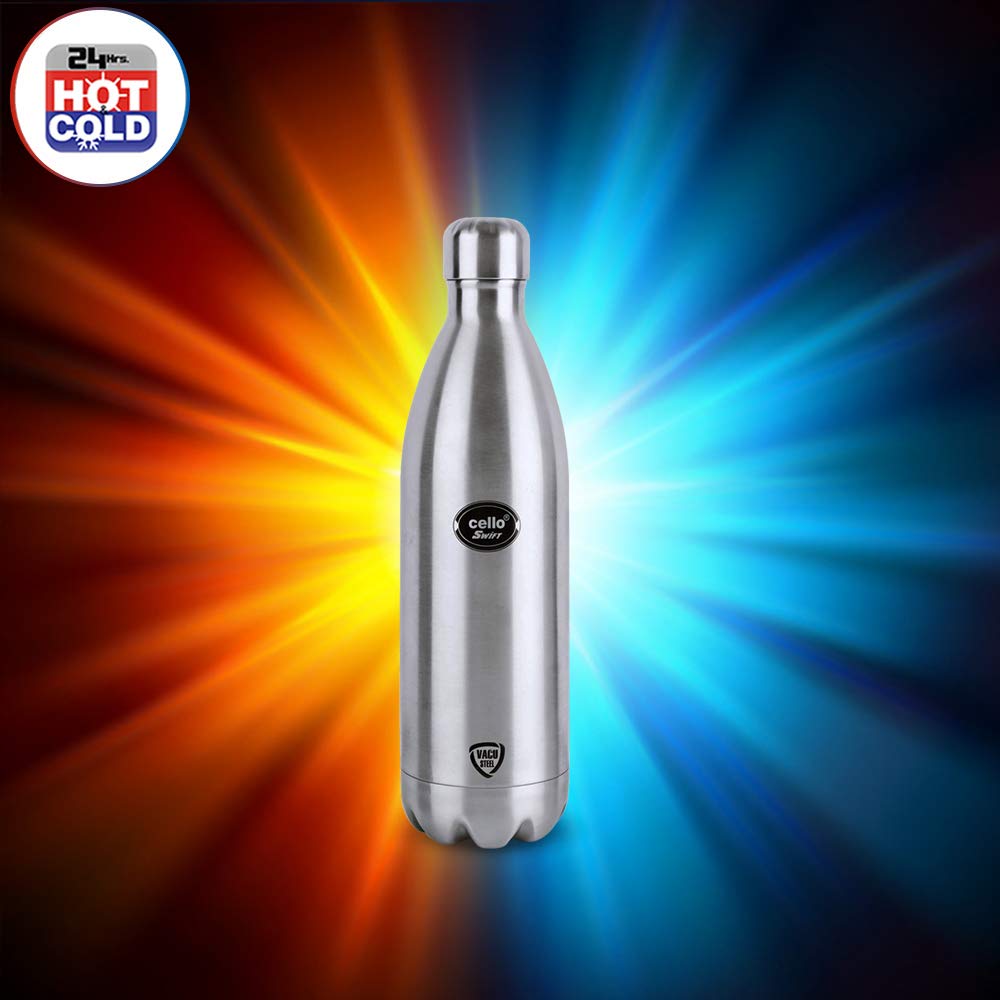 CELLO Swift Stainless Steel Hot and Cold Water Bottle 750 ml Silver | ISI Certified Spillproof Leakproof Double Wall Vacuum Insulated Thermos Flask Water Bottle for School Kids, Office Gym & Travel