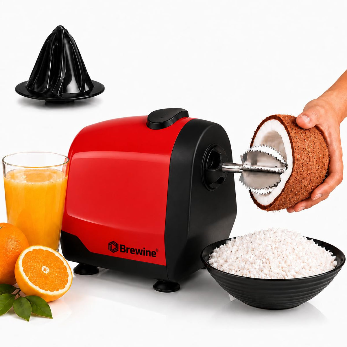 Brewine 2-in-1 Coconut Scraper & Citrus Juicer with Dual Speed Settings, Cooling Fan for Ventilation, Stainless Steel Scraping Blade, Splash Guard, Super Suction Feet for Stability, Red, 200 Watts