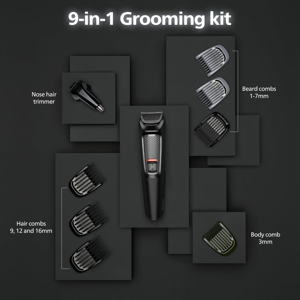 Philips India's No.1 Men's Trimmer | Self Sharpening Blades | Single Stroke Grooming I 9 In1 Face, Nose And Body I 2 +1* Year Warranty | No Oil Needed I 60 Min Runtime I MG3710/65,Black