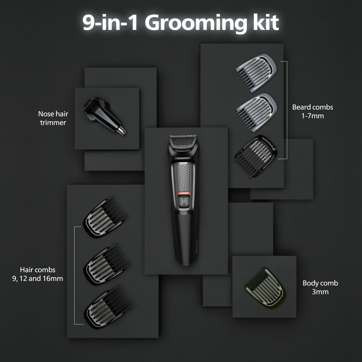 Philips India's No.1 Men's Trimmer | Self Sharpening Blades | Single Stroke Grooming I 9 In1 Face, Nose And Body I 2 +1* Year Warranty | No Oil Needed I 60 Min Runtime I MG3710/65,Black