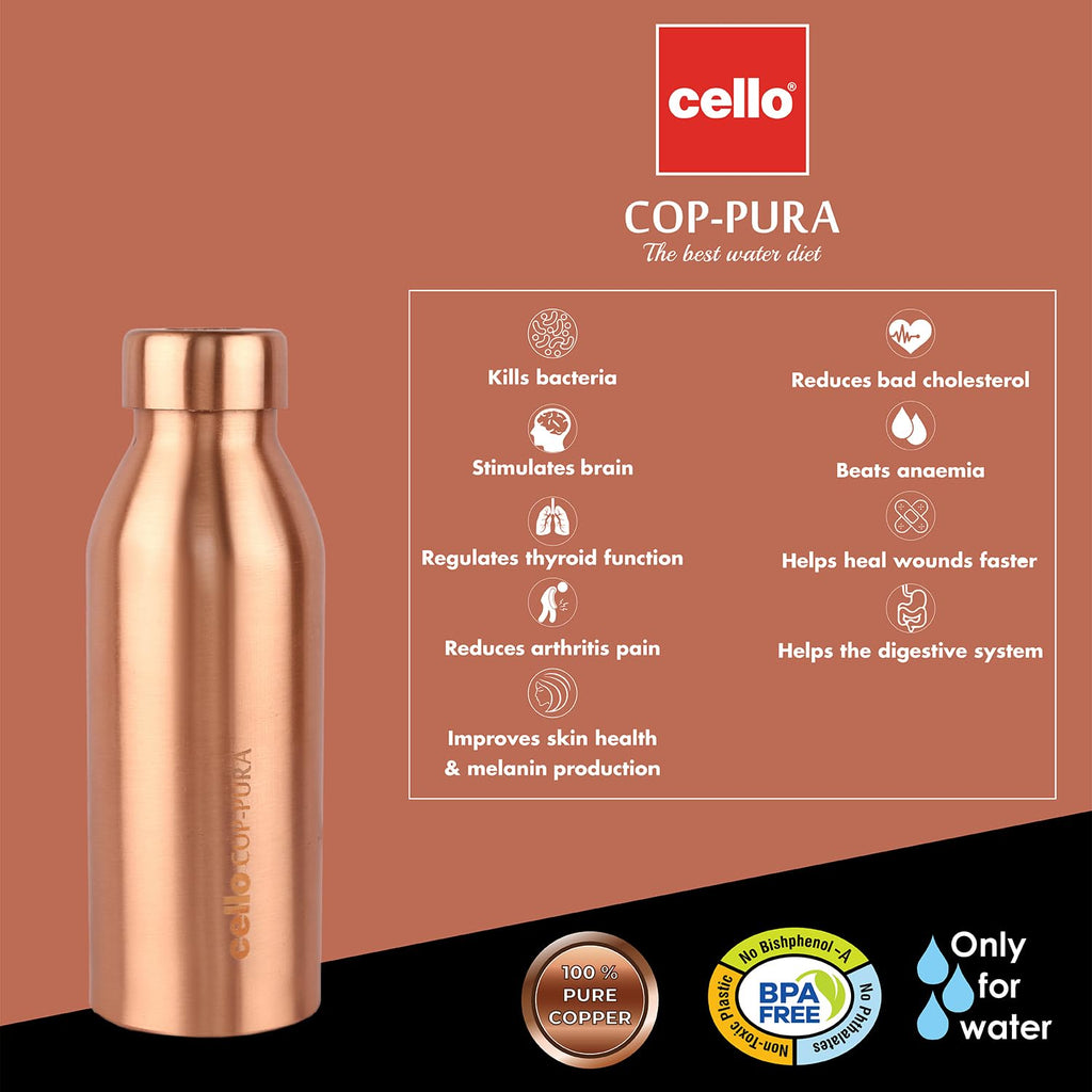 Cello Cop- Pura Moksha Copper Bottle, 750 ml, Copper, Medium (Model: CLO_MKSHA_CBTTLE_750ML, Pack of 1)