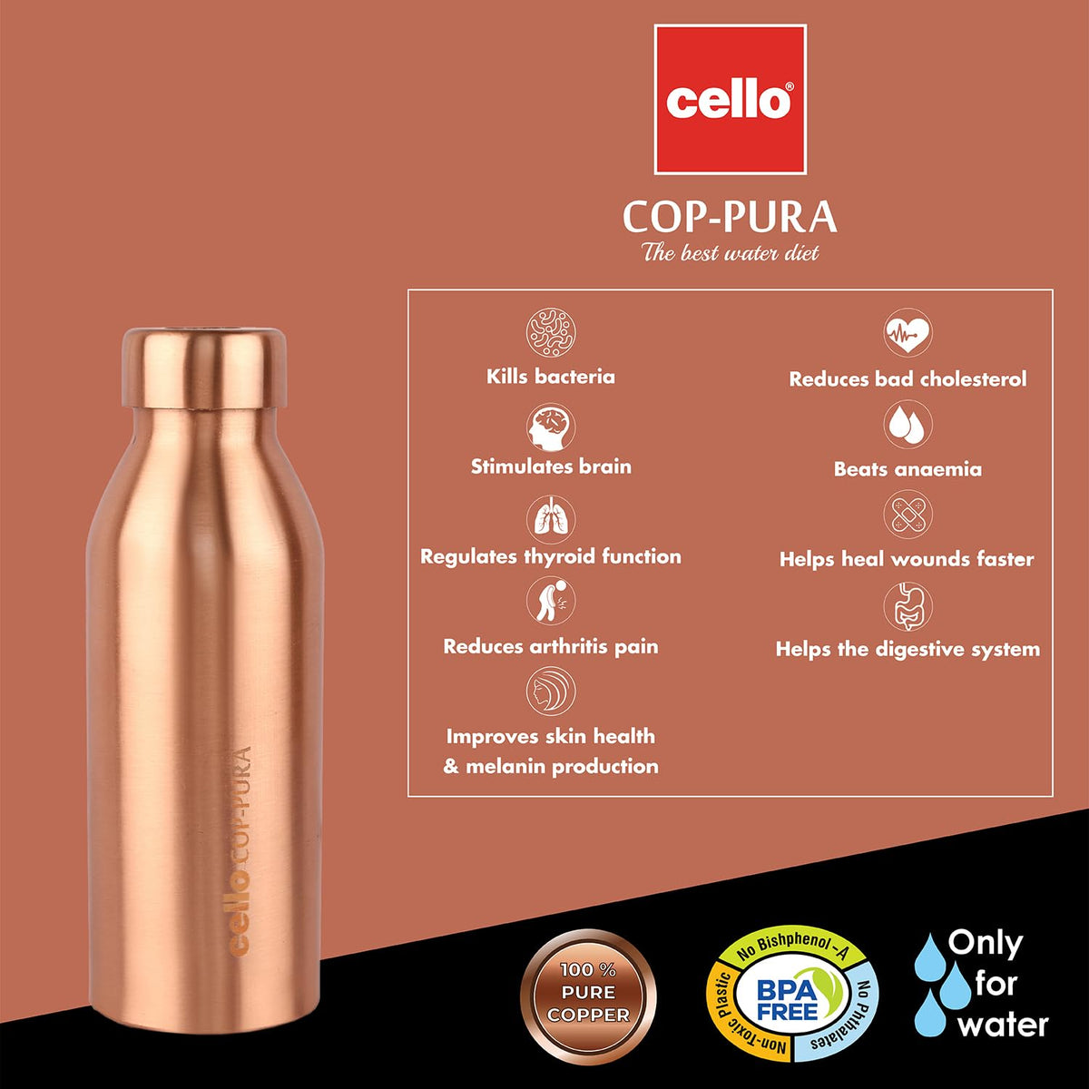 Cello Cop- Pura Moksha Copper Bottle, 750 ml, Copper, Medium (Model: CLO_MKSHA_CBTTLE_750ML, Pack of 1)