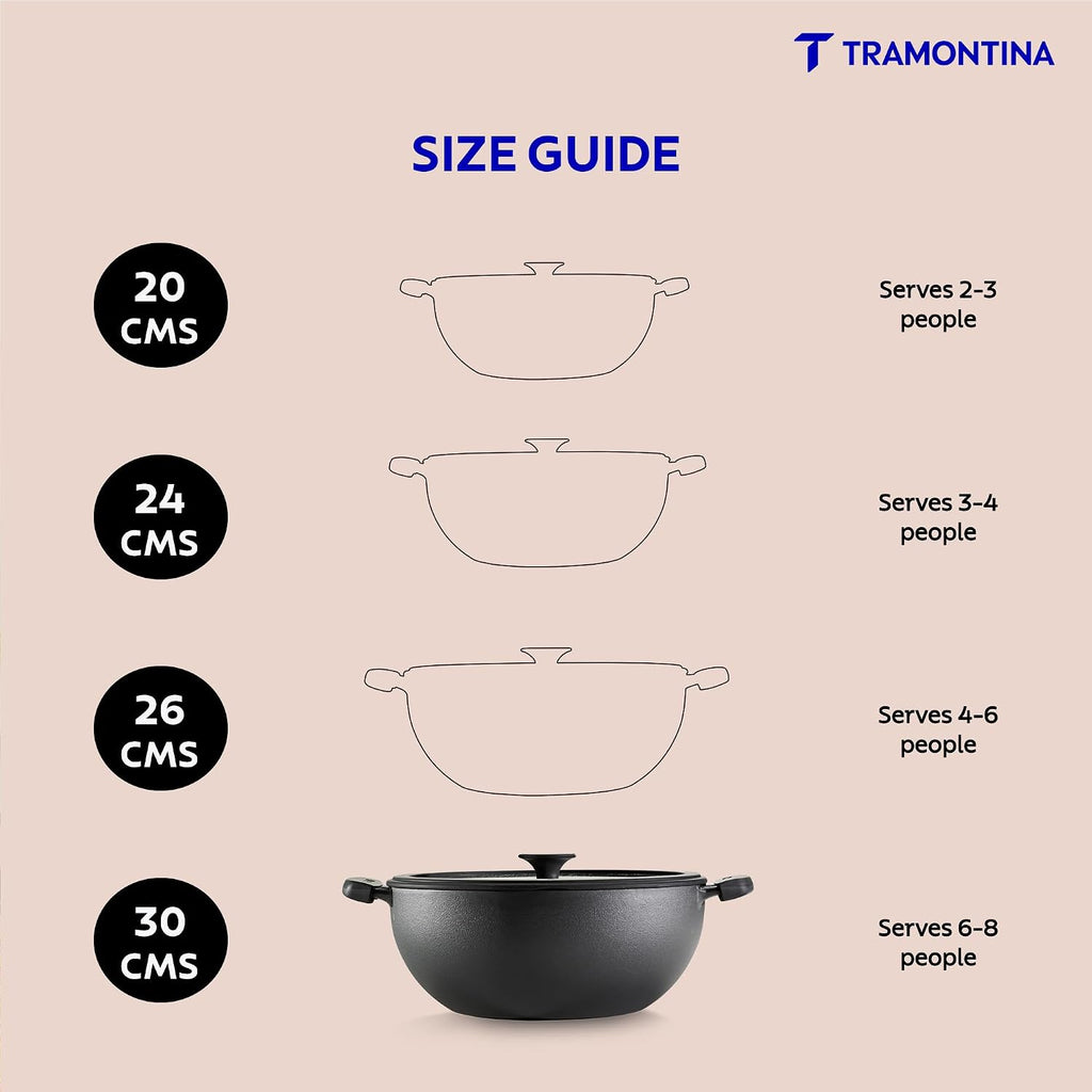 TRAMONTINA TITANEX 30cm / 6.8 L Pre-Seasoned Heritage Cast Iron Deep Kadai with Toughened Glass Lid | Snap-On Silicone Grips | Kadhai for Curry | Gas/Induction Cookware | Life-Time Warranty