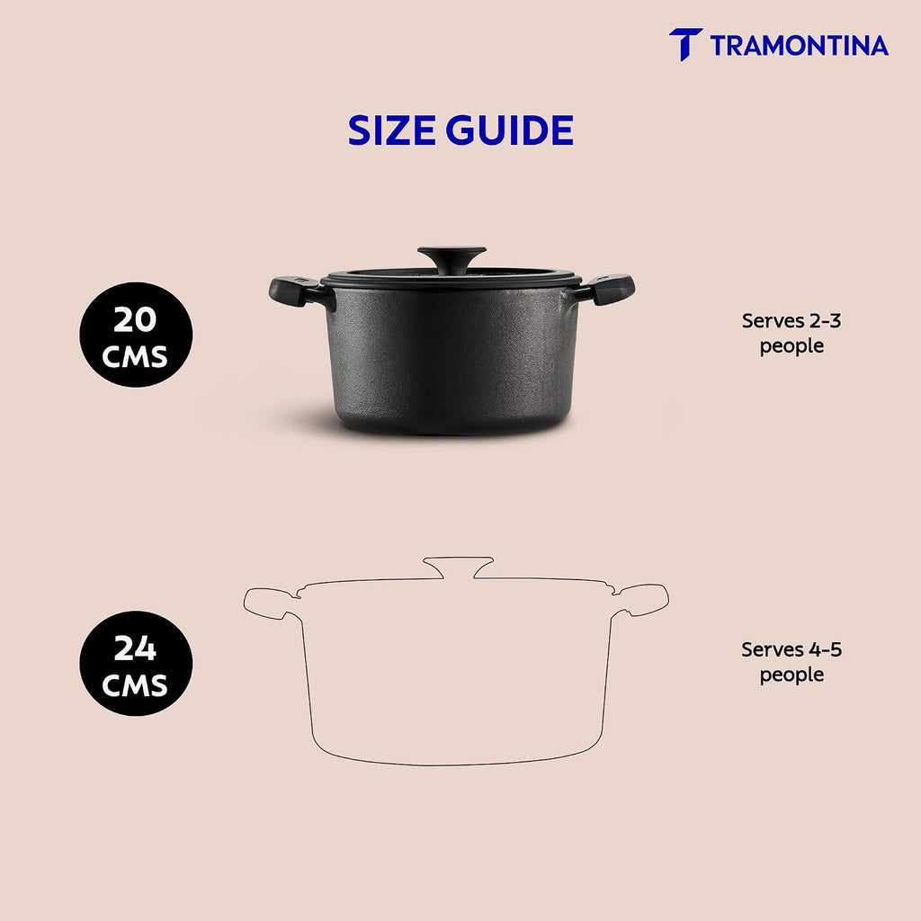 Tramontina TITANEX 20cm / 3.1L Pre-Seasoned Heritage Cast Iron Casserole with Toughened Glass Lid | Gas/Induction Compatible Biryani Pot | Stock Pot with Snap-On Silicone Grips | Life-Time Warranty