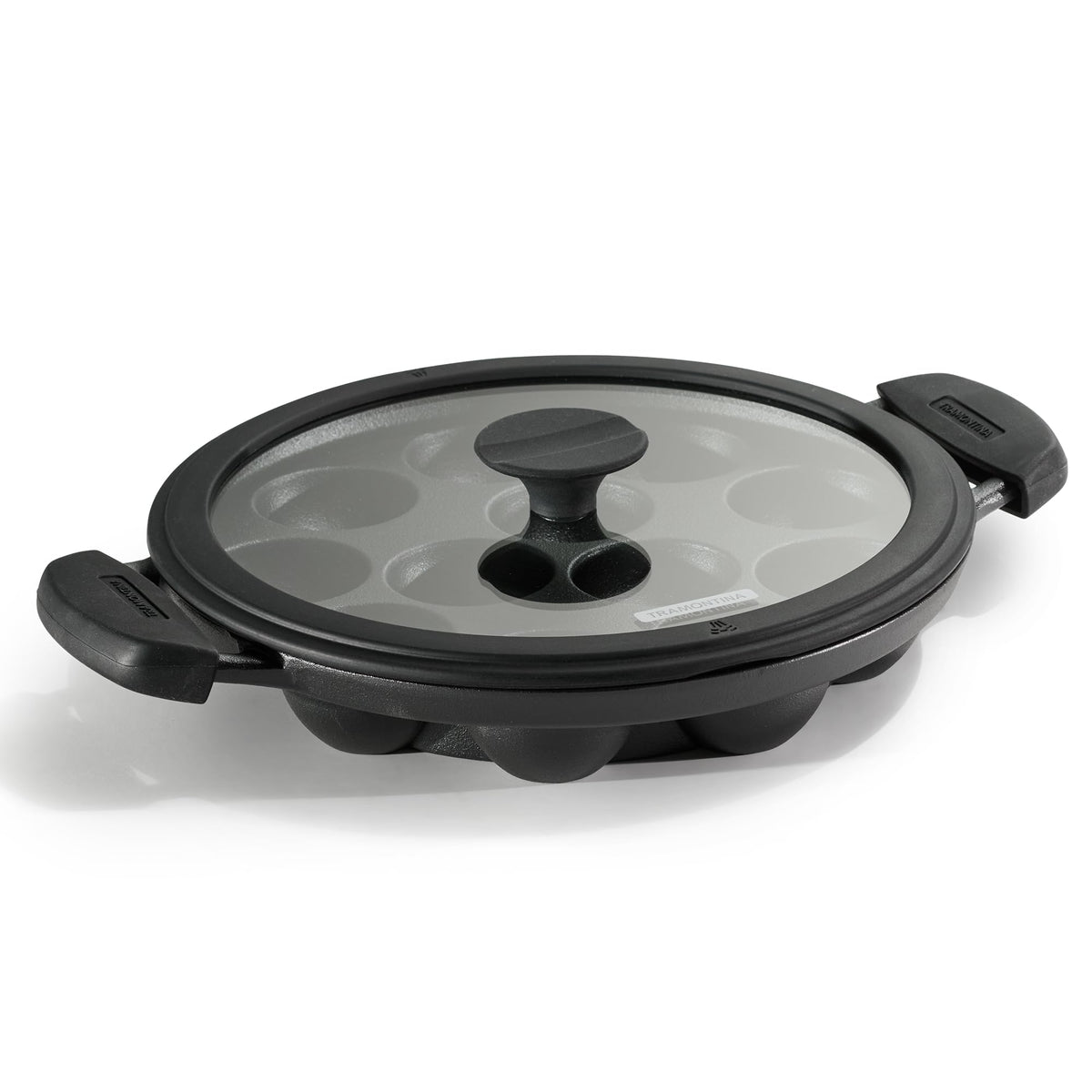 TRAMONTINA Titanex 26 cm Pre-Seasoned Cast Iron Paniyaram | Appe Pan – 12 Pits | Non-Toxic | Induction Ready | Toughned Glass Lid | Snap-on Cool Touch Grips | Superior Heat Retention.