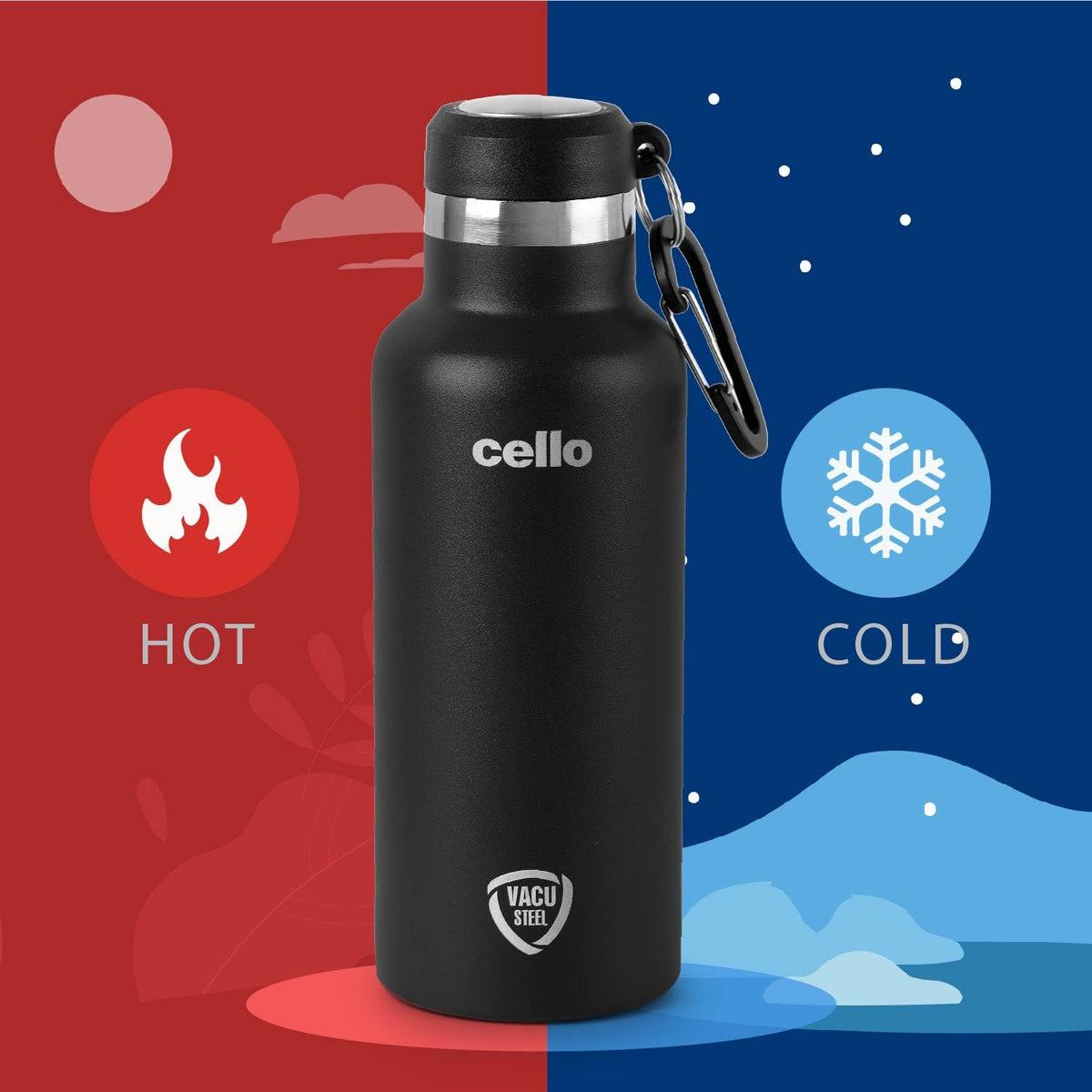 Cello Duro Hector Thermosteel Water Bottle 550 ml, Black | ISI Certified Stainless Steel, Double Walled Vacuum Insulated Flask | 24 Hrs Hot & Cold Thermos Water Bottle For Office, Gym, Travel, Gifting