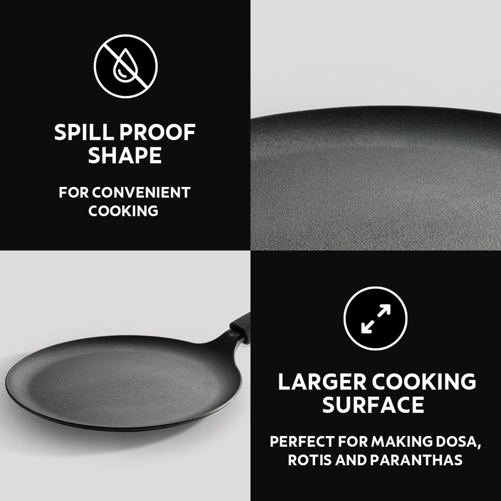 TRAMONTINA TITANEX 28cm Pre-Seasoned Cast Iron Dosa Tawa | Flat Surface with Raised Edges | for Dosa, Uttapam, Cheela, Paratha | Induction & Gas Compatible | Non-Slip Handle