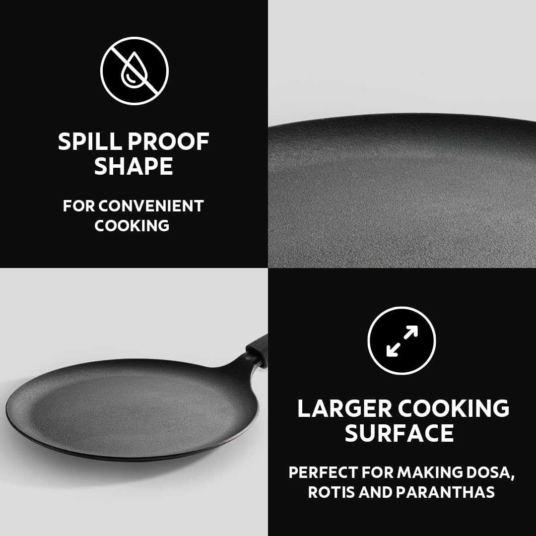 TRAMONTINA TITANEX 28cm Pre-Seasoned Cast Iron Dosa Tawa | Flat Surface with Raised Edges | for Dosa, Uttapam, Cheela, Paratha | Induction & Gas Compatible | Non-Slip Handle