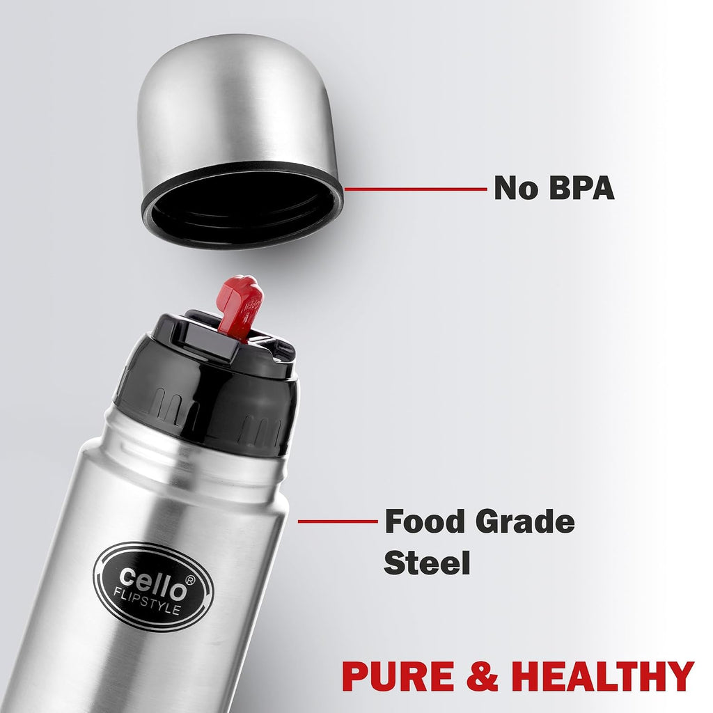 Cello Flipstyle Thermosteel Water Bottle with Jacket 750ml, Silver | 24 Hours Hot and Cold | Double Walled | Vacuum Insulated Flip Lid Flask Bottle | Perfect for Water, Tea, Coffee & Cold Beverages