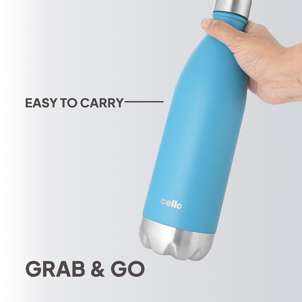 Cello Duro Tuff Steel Series- Swift Double Walled Stainless Steel Water Bottle with Durable DTP Coating, 750ml, Blue