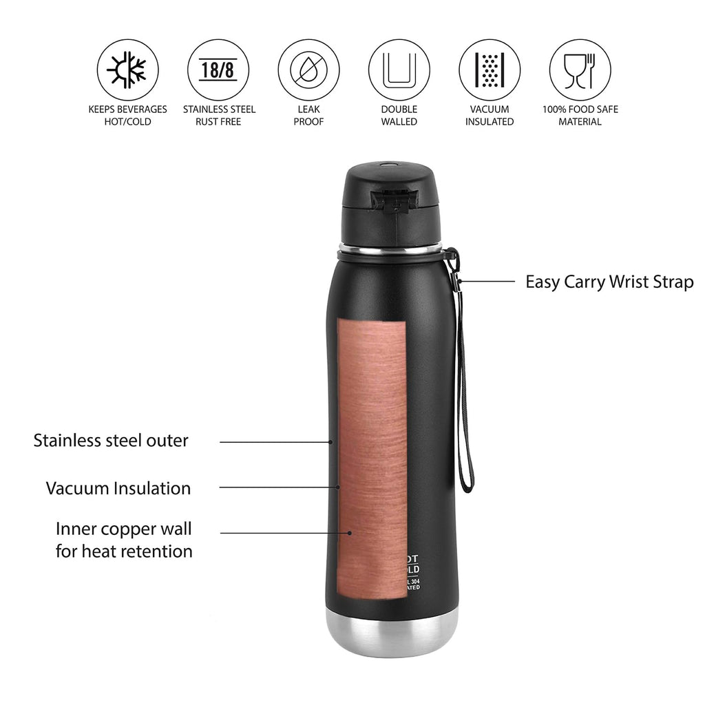 Cello Duro Ace Thermosteel Bottle 900ml, Black | ISI Certified Vacuum Insulated Double Walled Hot & Cold Flask Bottle with DTP Coated | Rust & Leak Proof Water Bottle for Office, College & Travel