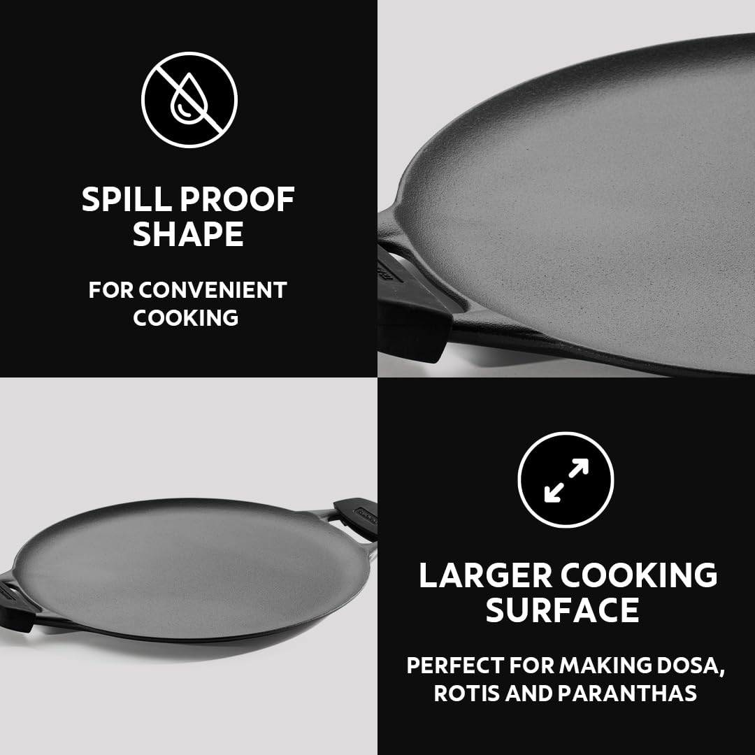 TRAMONTINA TITANEX 30cm Cast Iron Dosa Tawa | Pre-Seasoned Flat Tawa with Raised Edges | Dual Side Handles | Gas & Induction Compatible | for Dosa, Uttapam, Paratha.