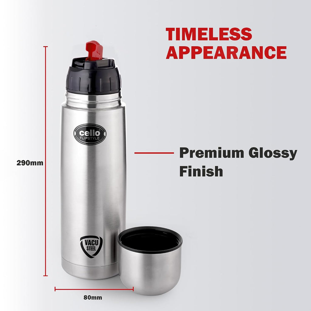 Cello Flipstyle Thermosteel Water Bottle with Jacket 750ml, Silver | 24 Hours Hot and Cold | Double Walled | Vacuum Insulated Flip Lid Flask Bottle | Perfect for Water, Tea, Coffee & Cold Beverages