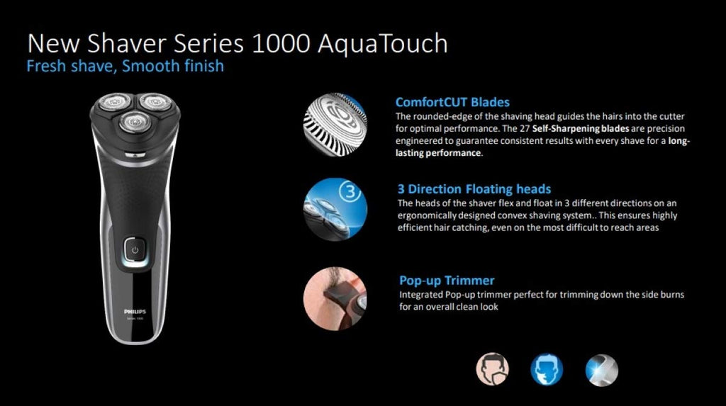 PHILIPS Male S1223/45, Wet Or Dry Comfort Cut Blades 3-Directional Flex Heads One-Touch Open Pop-Up Electric Shaver, Black