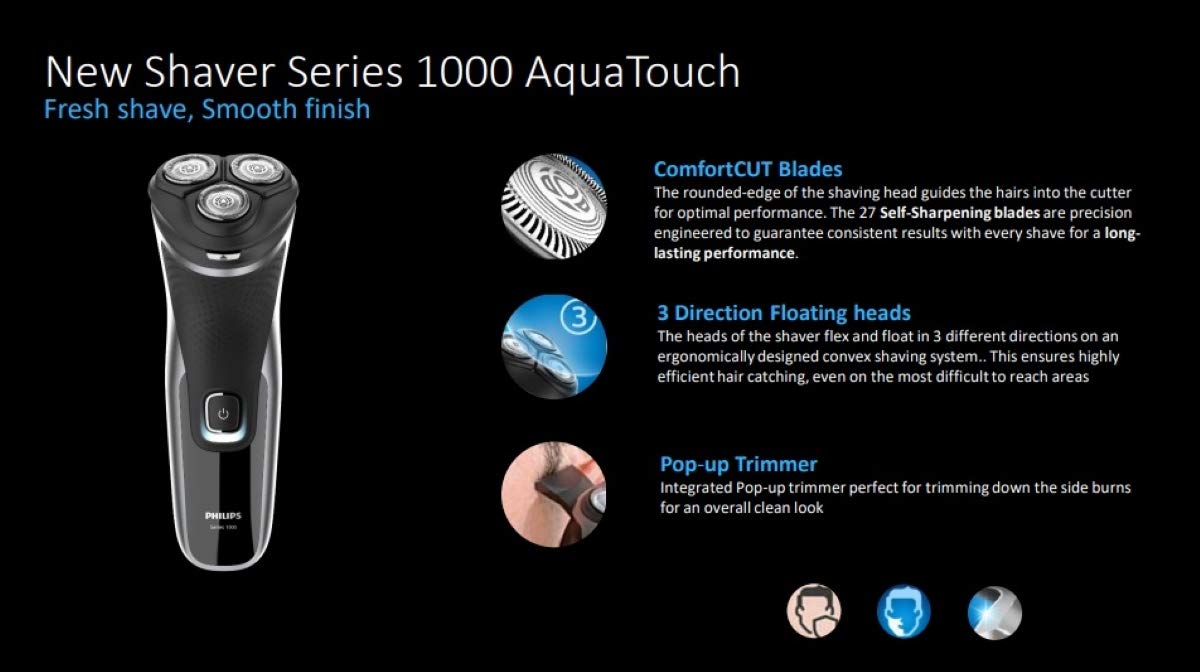 PHILIPS Male S1223/45, Wet Or Dry Comfort Cut Blades 3-Directional Flex Heads One-Touch Open Pop-Up Electric Shaver, Black