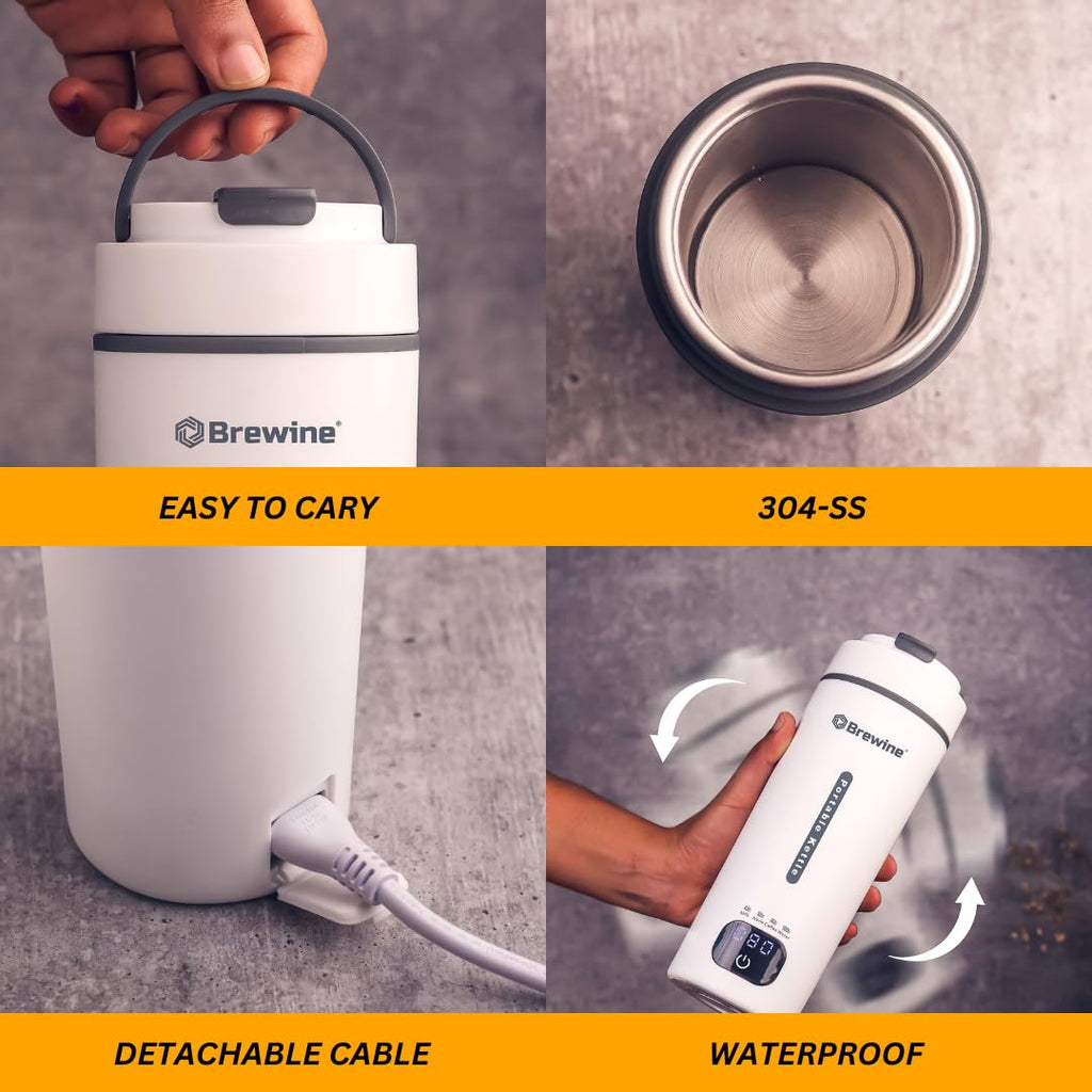 Brewine Portable Kettle,450ml,Grey, Multi-Temp-Setting,Auto Cut-Off, Digital Display,Touch Button,Wide Voltage Range220-230V Suitable for India,300 Watt