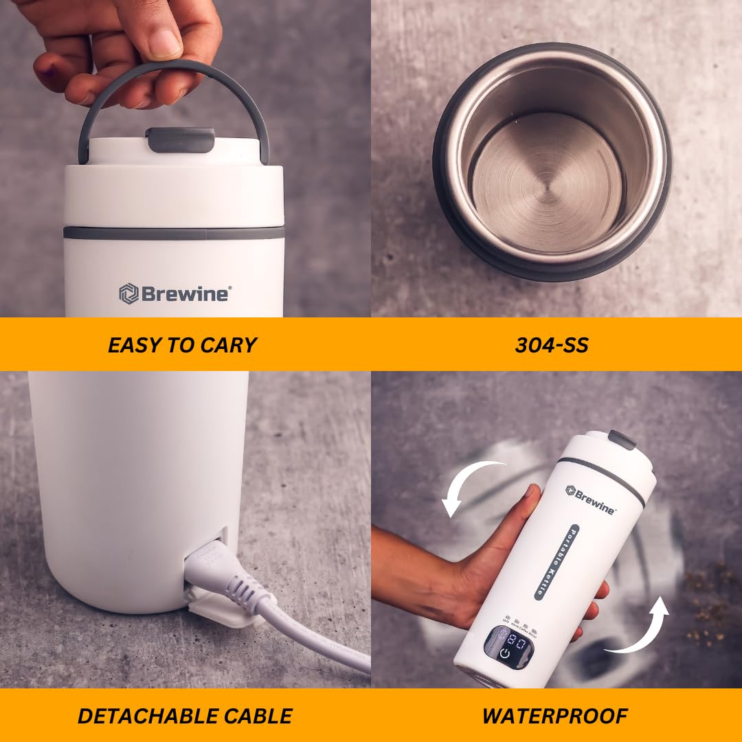 Brewine Portable Kettle,450ml,Grey, Multi-Temp-Setting,Auto Cut-Off, Digital Display,Touch Button,Wide Voltage Range220-230V Suitable for India,300 Watt