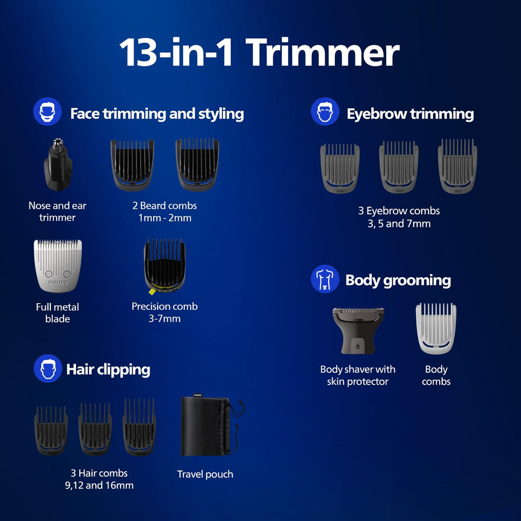 Philips India's No.1 Men's Trimmer | Skin Safe Grooming I 13-in-1 Essential Body Kit - Body, Face & Private Parts I 3 Year Warranty I 120 min runtime I 5 min Quick Charge MG5930/65