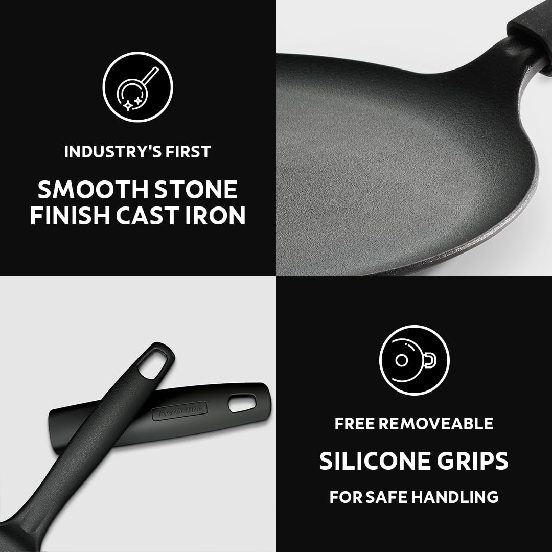 TRAMONTINA TITANEX 28cm Pre-Seasoned Cast Iron Dosa Tawa | Flat Surface with Raised Edges | for Dosa, Uttapam, Cheela, Paratha | Induction & Gas Compatible | Non-Slip Handle