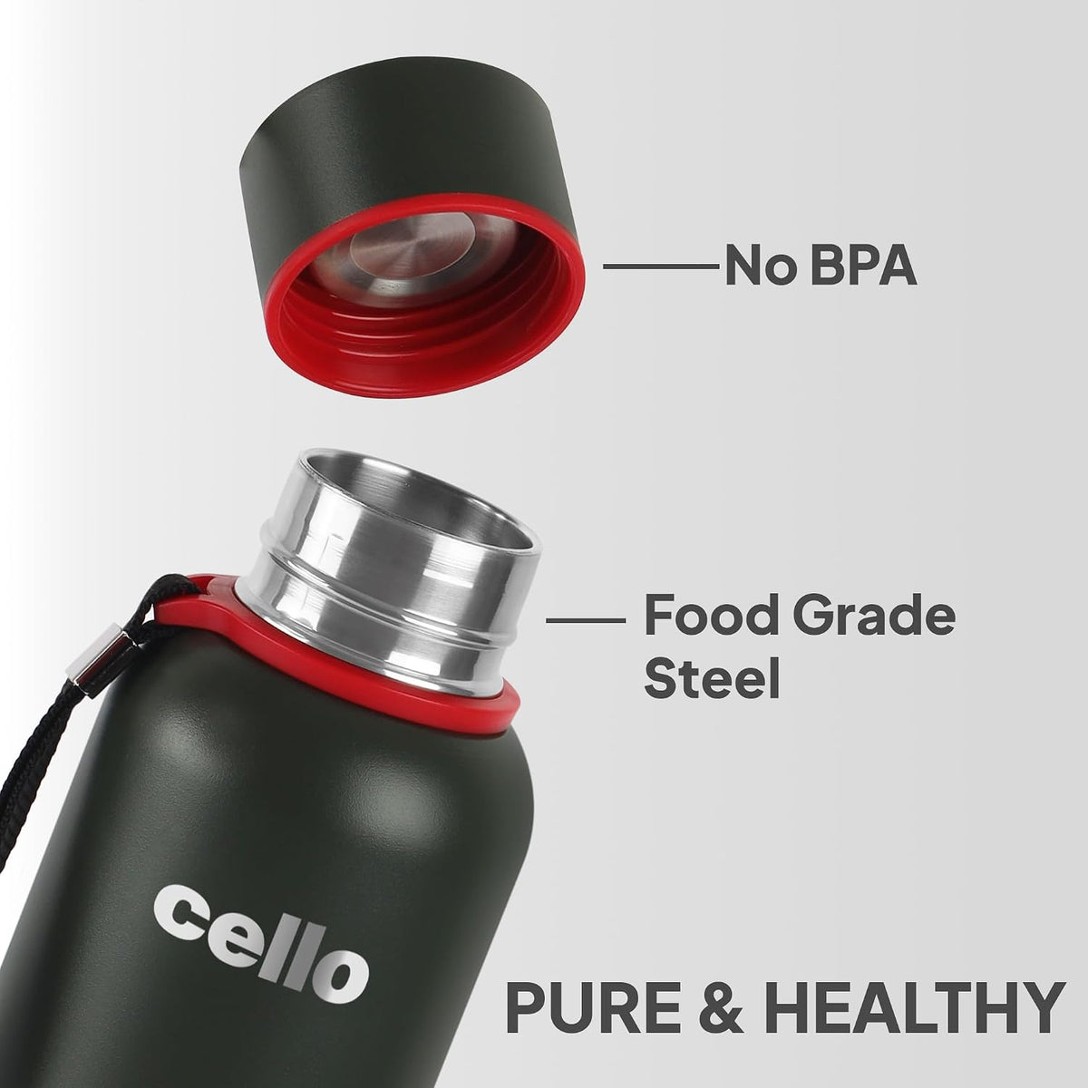 CELLO Duro Kent Stainless Steel Hot and Cold Water Bottle 900 ml Military Green | ISI Certified Spillproof Leakproof Double Wall Vacuum Insulated Thermos Flask Water Bottle for Home Office Gym Travel