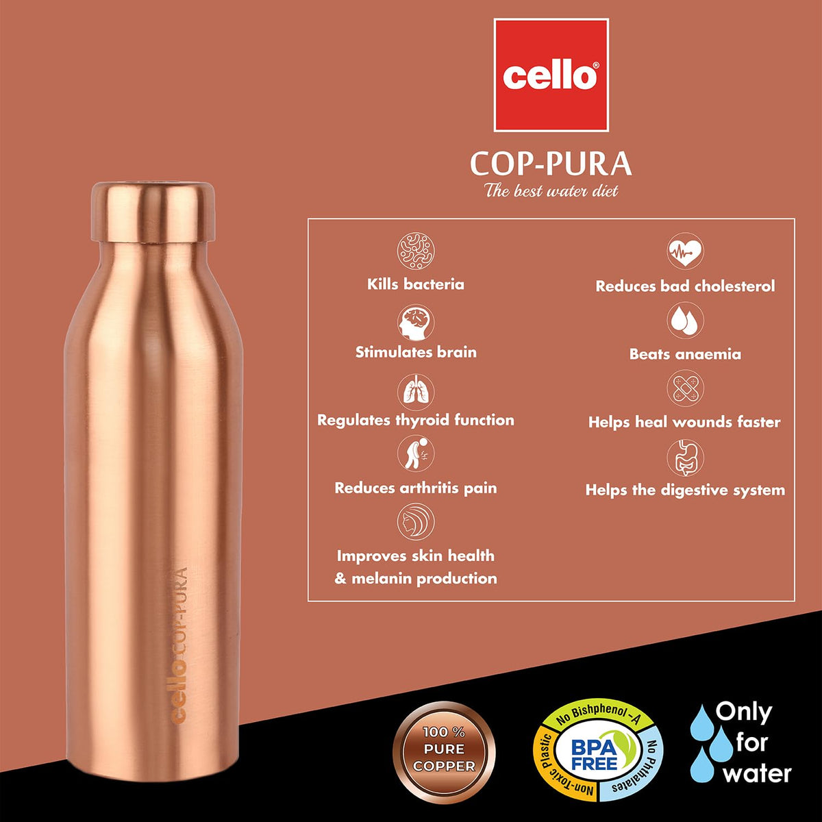 Cello Cop-Pura Moksha Copper Water Bottle, 1000ml, 1 Piece, Copper