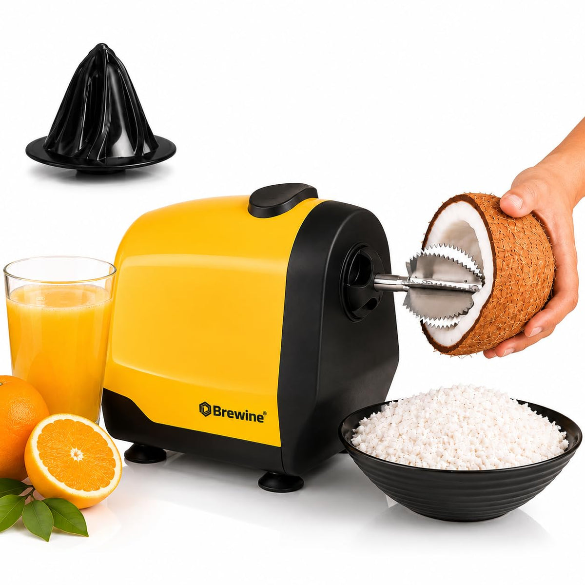 Brewine 2-in-1 Coconut Scraper & Citrus Juicer with Dual Speed Settings, Cooling Fan for Ventilation, Stainless Steel Scraping Blade, Splash Guard, Super Suction Feet for Stability, Red, 200 Watts