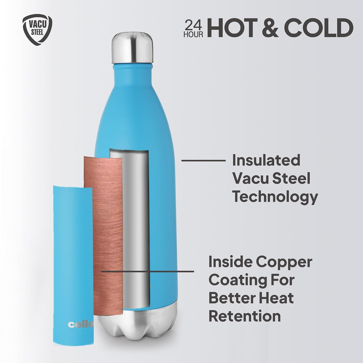 Cello Duro Tuff Steel Series- Swift Double Walled Stainless Steel Water Bottle with Durable DTP Coating, 750ml, Blue