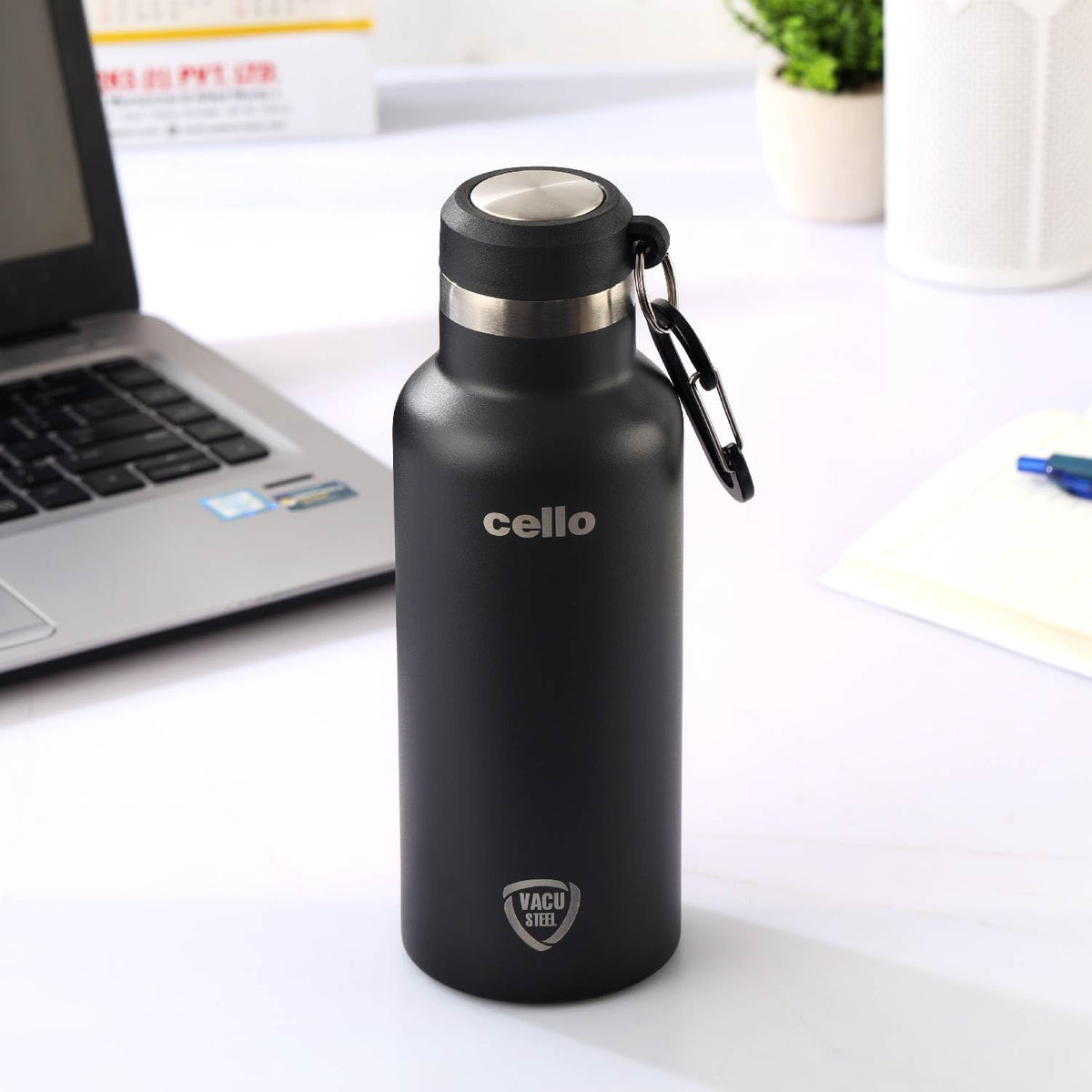 Cello Duro Hector Thermosteel Water Bottle 550 ml, Black | ISI Certified Stainless Steel, Double Walled Vacuum Insulated Flask | 24 Hrs Hot & Cold Thermos Water Bottle For Office, Gym, Travel, Gifting