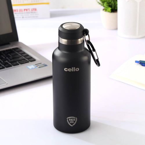 Cello Duro Hector Thermosteel Water Bottle 550 ml, Black | ISI Certified Stainless Steel, Double Walled Vacuum Insulated Flask | 24 Hrs Hot & Cold Thermos Water Bottle For Office, Gym, Travel, Gifting