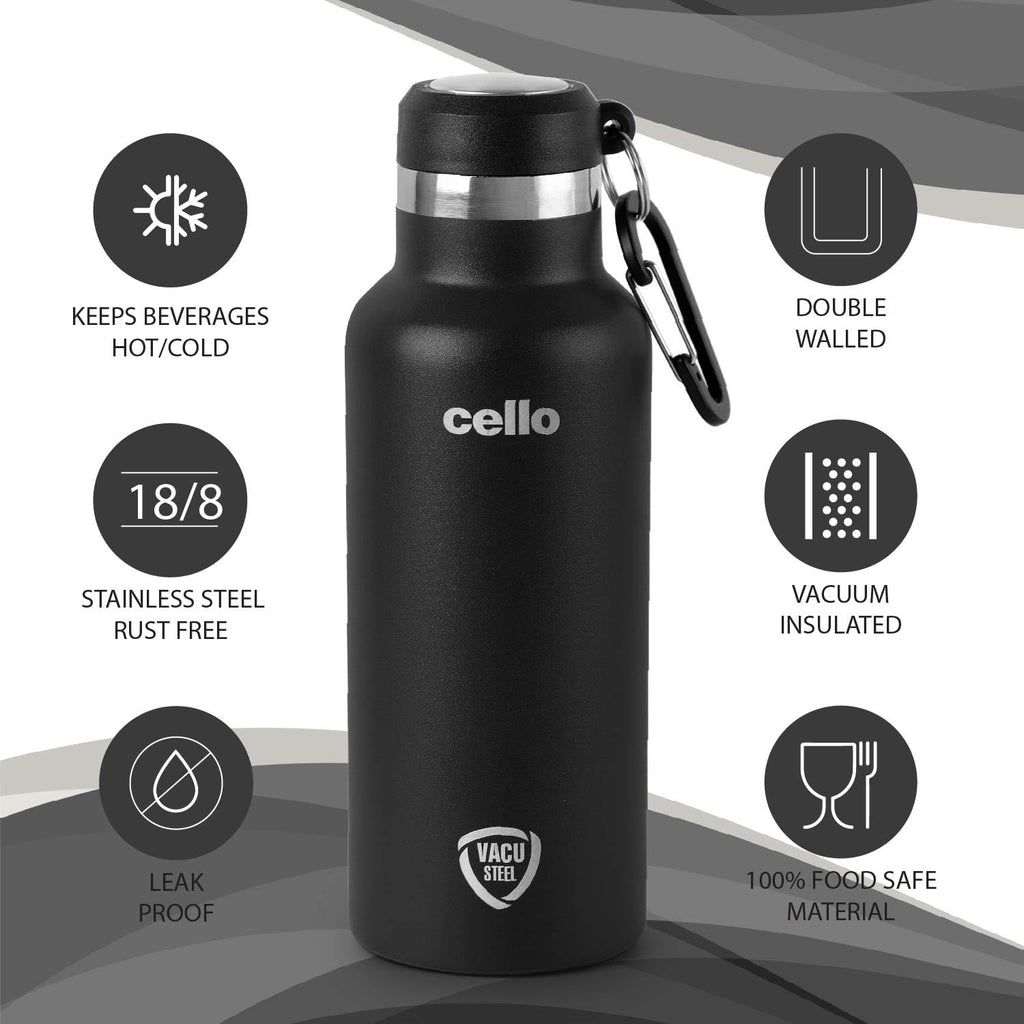 Cello Duro Hector Thermosteel Water Bottle 550 ml, Black | ISI Certified Stainless Steel, Double Walled Vacuum Insulated Flask | 24 Hrs Hot & Cold Thermos Water Bottle For Office, Gym, Travel, Gifting