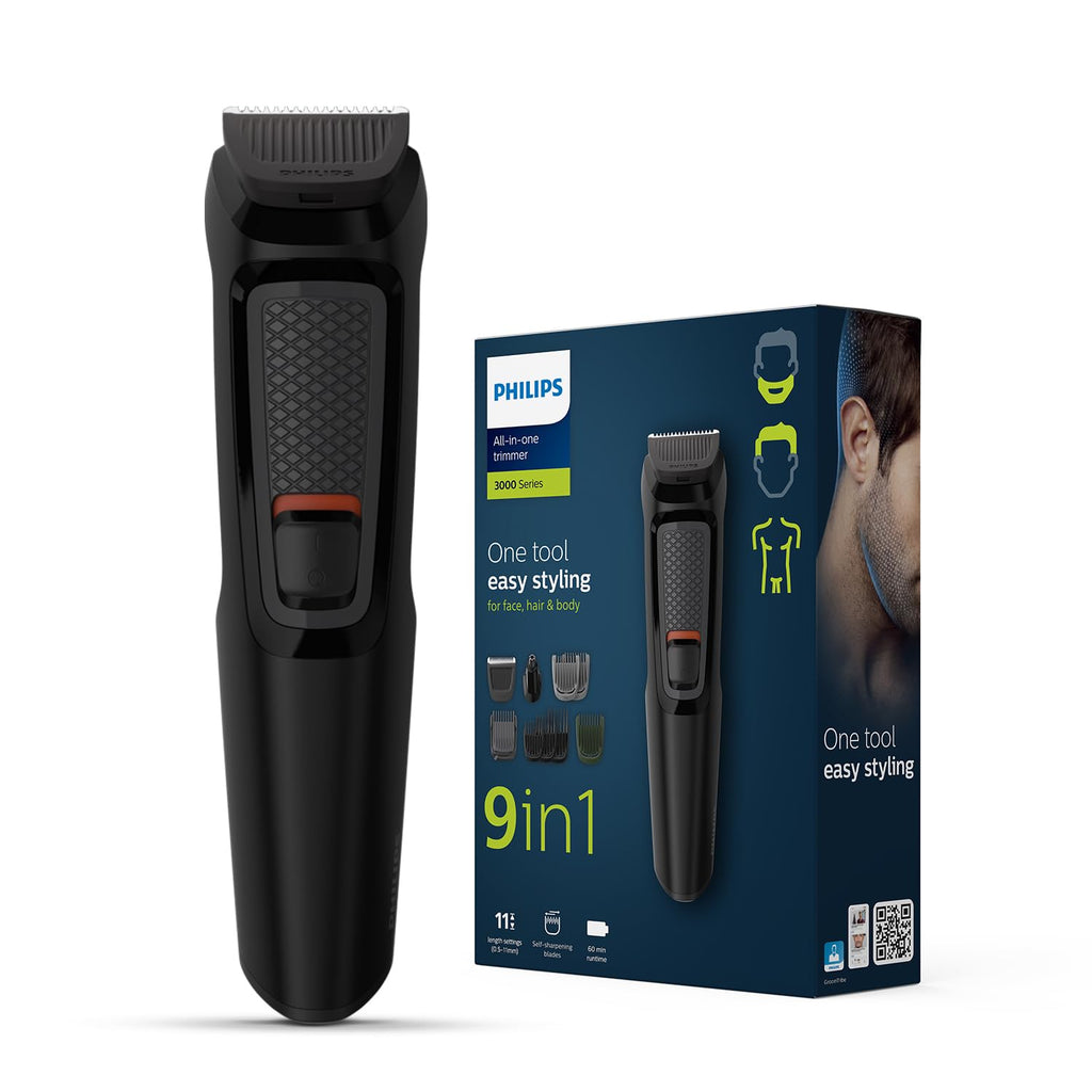 Philips India's No.1 Men's Trimmer | Self Sharpening Blades | Single Stroke Grooming I 9 In1 Face, Nose And Body I 2 +1* Year Warranty | No Oil Needed I 60 Min Runtime I MG3710/65,Black