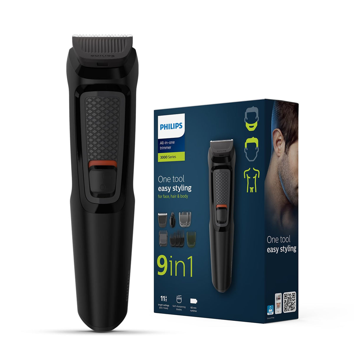 Philips India's No.1 Men's Trimmer | Self Sharpening Blades | Single Stroke Grooming I 9 In1 Face, Nose And Body I 2 +1* Year Warranty | No Oil Needed I 60 Min Runtime I MG3710/65,Black