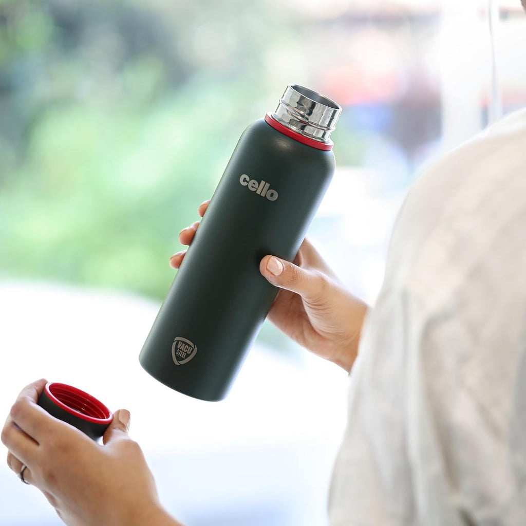 CELLO Duro Kent Stainless Steel Hot and Cold Water Bottle 900 ml Military Green | ISI Certified Spillproof Leakproof Double Wall Vacuum Insulated Thermos Flask Water Bottle for Home Office Gym Travel