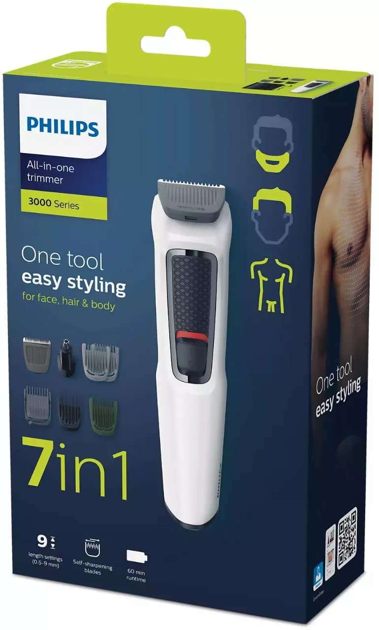 PHILIPS MG3721/65 Multi-Grooming Series 3000 7-in-1 for Face-Hair-Body-Nose and Ear Kit Grooming Kit 60 min Runtime Trimmer for Men, White
