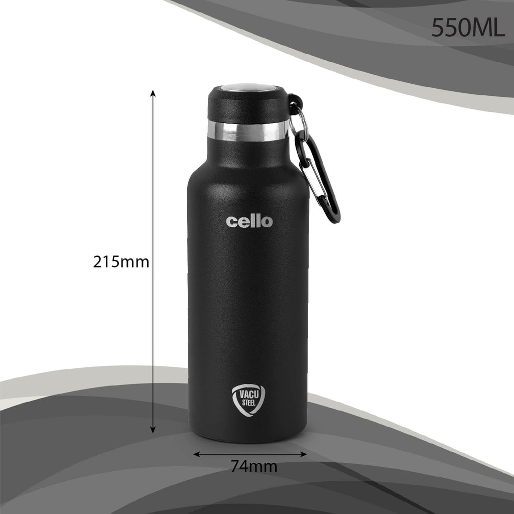 Cello Duro Hector Thermosteel Water Bottle 550 ml, Black | ISI Certified Stainless Steel, Double Walled Vacuum Insulated Flask | 24 Hrs Hot & Cold Thermos Water Bottle For Office, Gym, Travel, Gifting