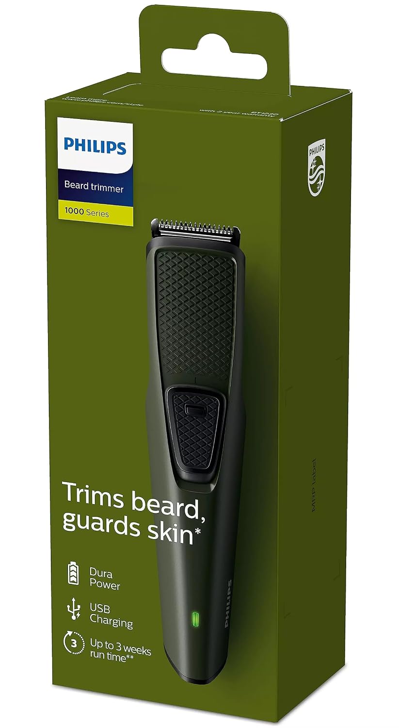 Philips Corded Electric BT1230/15 Skin-friendly Beard trimmer for Men, Dura Power Technology, Cordless Rechargeable with USB Charging, Charging indicator, Travel lock