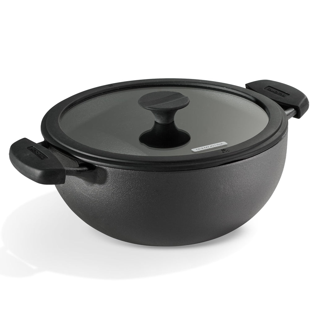 TRAMONTINA TITANEX 30cm / 6.8 L Pre-Seasoned Heritage Cast Iron Deep Kadai with Toughened Glass Lid | Snap-On Silicone Grips | Kadhai for Curry | Gas/Induction Cookware | Life-Time Warranty
