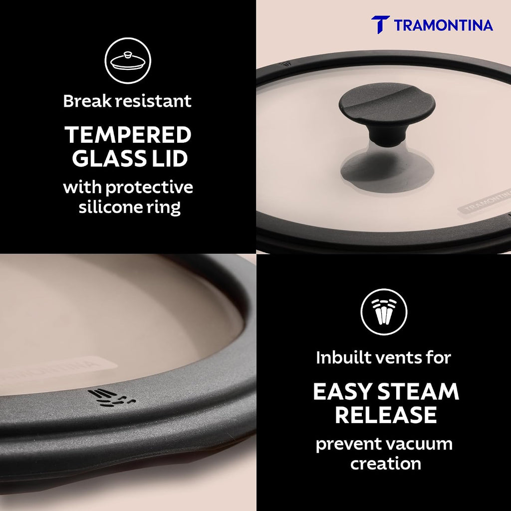 Tramontina TITANEX 20cm / 3.1L Pre-Seasoned Heritage Cast Iron Casserole with Toughened Glass Lid | Gas/Induction Compatible Biryani Pot | Stock Pot with Snap-On Silicone Grips | Life-Time Warranty